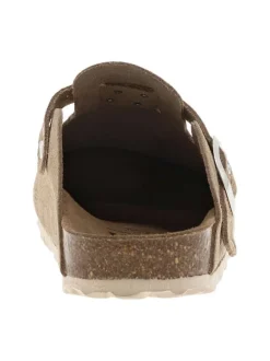 Mules en cuir taupe style sabot avec une boucle à ardillon et clous décoratifs