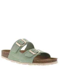 Mules en cuir vertes à talon plat avec deux boucles à ardillon