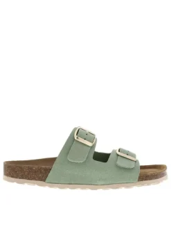 Mules en cuir vertes à talon plat avec deux boucles à ardillon