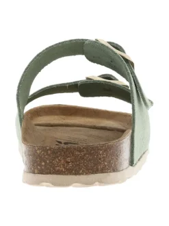 Mules en cuir vertes à talon plat avec deux boucles à ardillon
