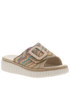 Mules en tressage multicolores à talon compensé bas et à bande auto-agrippante
