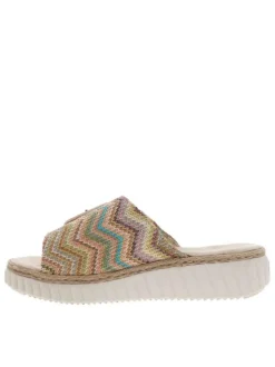 Mules en tressage multicolores à talon compensé bas et à bande auto-agrippante