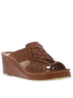 Mules Fanni en cuir marron à talon semi-compensé et brides entremêlées