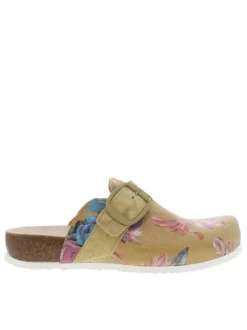 Mules fermées en cuir moutarde à fleurs tropicales et bande auto-agrippante