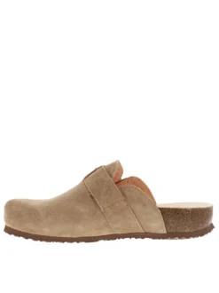 Mules fermées en cuir suède beige à bande auto-agrippante et boucle à ardillon