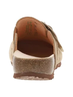 Mules fermées en cuir suède beige à bande auto-agrippante et boucle à ardillon