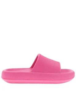 Mules fuchsia à semelle plate avec un logo à l'intérieur et une matière texturée