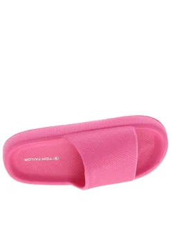 Mules fuchsia à semelle plate avec un logo à l'intérieur et une matière texturée