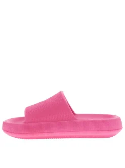 Mules fuchsia à semelle plate avec un logo à l'intérieur et une matière texturée