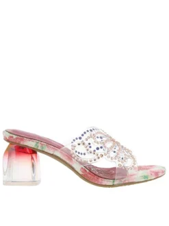 Mules fuchsia à talon décroché moyen avec bijoux et imprimé floral