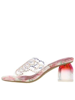 Mules fuchsia à talon décroché moyen avec bijoux et imprimé floral
