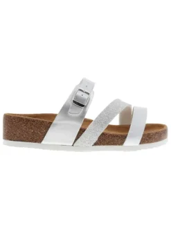 Mules Glitter en cuir argent à talon compensé bas et à boucle à ardillon