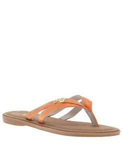 Mules Izel orange avec un logo métallique doré et un entre-doigt