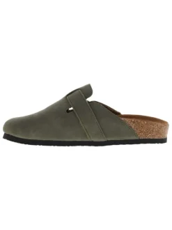 Mules kaki avec un talon plat et pourvues d'une boucle à ardillon