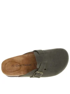 Mules kaki avec un talon plat et pourvues d'une boucle à ardillon