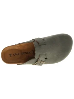 Mules kaki avec un talon plat et pourvues d'une boucle à ardillon