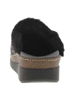 Mules marron à talon semi-compensé avec imprimé léopard et fourrure