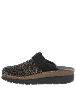 Mules marron à talon semi-compensé avec imprimé léopard et fourrure