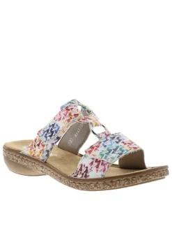 Mules multicolores à semelle compensée bas et à bandes auto-agrippantes