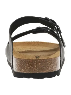 Mules noires avec 2 boucles à ardillon et logo floqué sur le côté extérieur