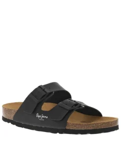 Mules noires avec 2 boucles à ardillon et logo floqué sur le côté extérieur