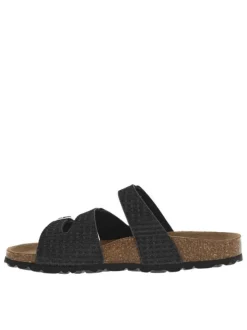 Mules noires avec détails en lurex et 3 boucles à ardillon sur les brides