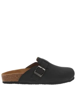 Mules noires à bout fermé avec une boucle à ardillon et une semelle plate
