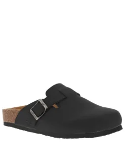 Mules noires à bout fermé avec une boucle à ardillon et une semelle plate