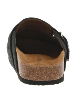 Mules noires à bout fermé avec une boucle à ardillon et une semelle plate