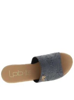 Mules noires et taupe à talon compensé texturé avec bout ouvert