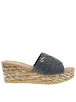 Mules noires et taupe à talon compensé texturé avec bout ouvert