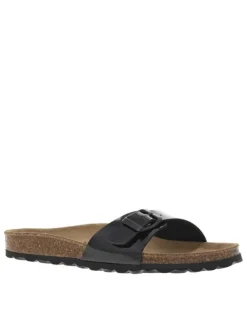 Mules noires vernies avec un aspect liège et une boucle à ardillon sur la bride
