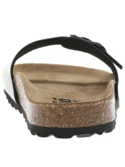 Mules noires vernies avec un aspect liège et une boucle à ardillon sur la bride