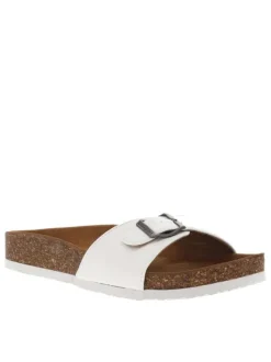 Mules Opaline blanches vernis avec un aspect liège et logo embossé sur le côté
