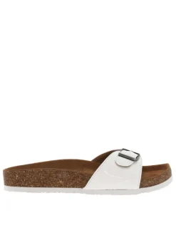 Mules Opaline blanches vernis avec un aspect liège et logo embossé sur le côté