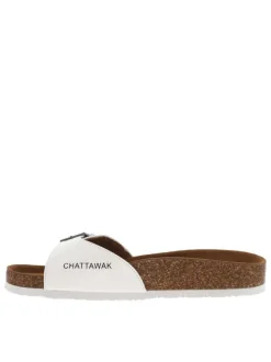 Mules Opaline blanches vernis avec un aspect liège et logo embossé sur le côté