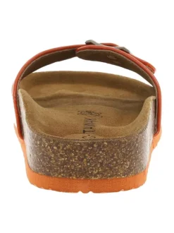 Mules Opaline oranges vernis avec logo embossé sur le côté et aspect liège