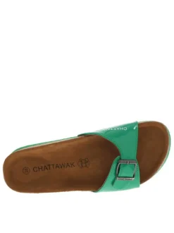 Mules Opaline vertes vernis avec logo embossé et détail aspect liège