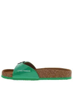 Mules Opaline vertes vernis avec logo embossé et détail aspect liège