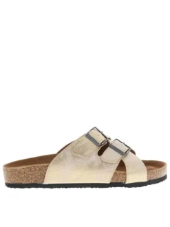 Mules or à semelle compensée bas et une fermeture à boucle à ardillon