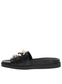 Mules ouvertes en cuir noir à semelle plate