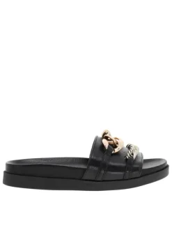 Mules ouvertes en cuir noir à semelle plate