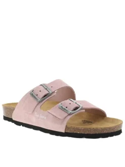 Mules roses en cuir avec un talon plat et 2 boucles à ardillon