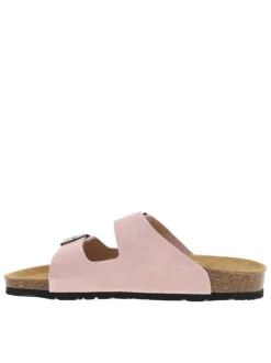 Mules roses en cuir avec un talon plat et 2 boucles à ardillon