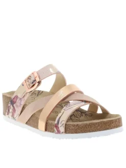 Mules roses fleuries avec un talon plat et une boucle à ardillon