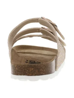 Mules roses ornées de fil lurex avec trois boucles à ardillon métalliques