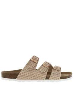 Mules roses ornées de fil lurex avec trois boucles à ardillon métalliques