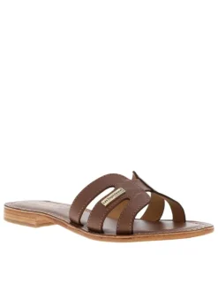 Mules à talon plat Damia marrons en cuir avec bride unique sur la tige