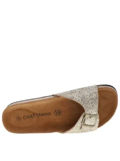 Mules à talon plat Opaline pailletées dorées en cuir avec boucle à ardillon