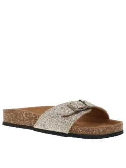 Mules à talon plat Opaline pailletées dorées en cuir avec boucle à ardillon